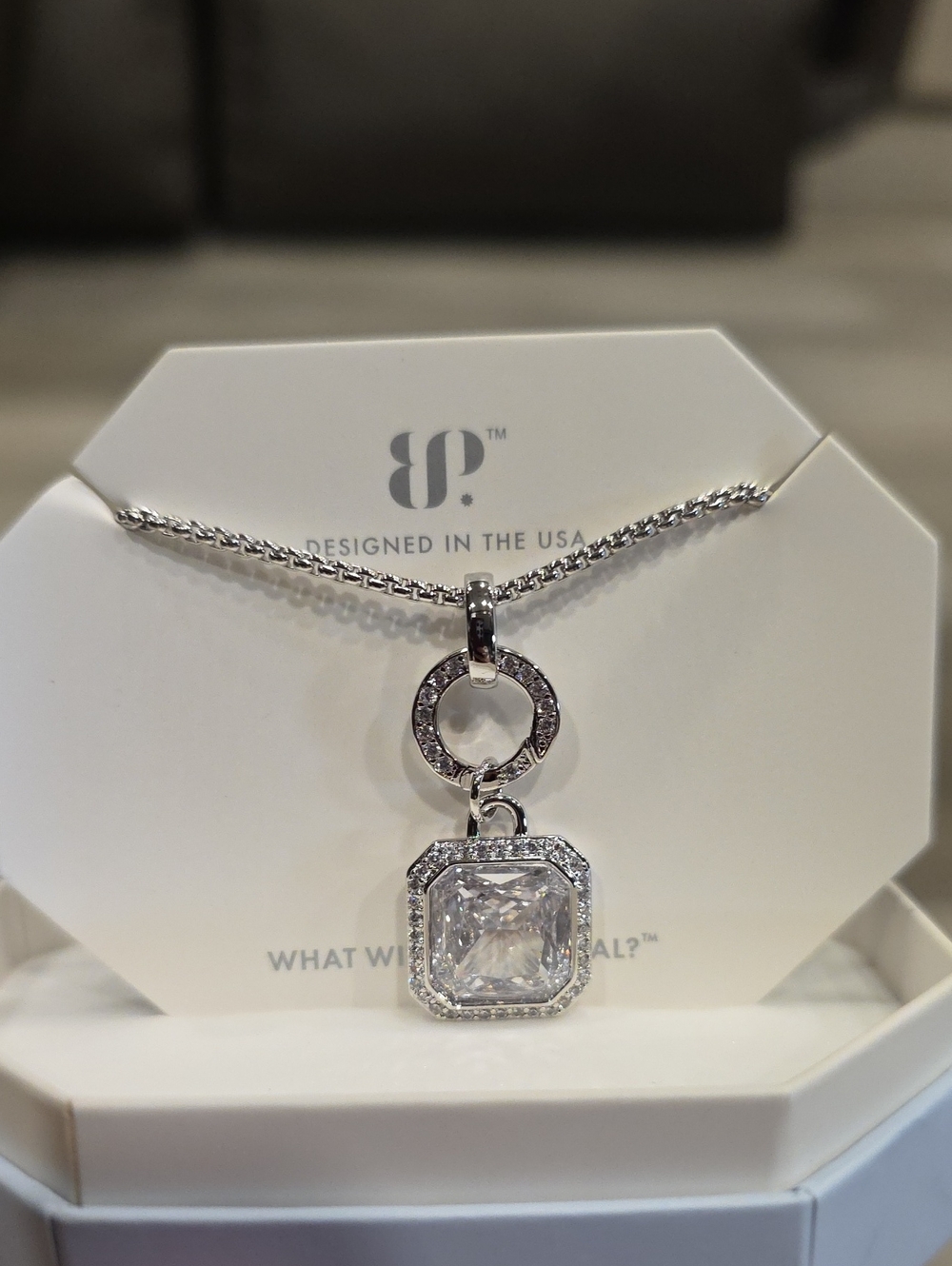 Silver-Tone Sparkling Halo Drop Necklace in Silver